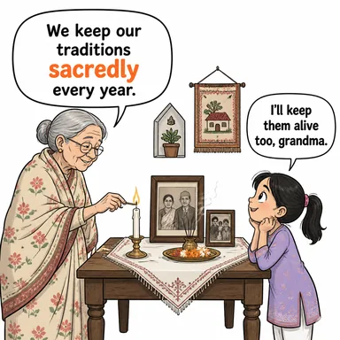 sacredly (kutsal bir şekilde, büyük bir sadakatle) karikatürü — diyalogla bağlam içinde öğren