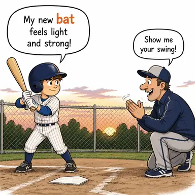 bat (yarasa, sopa (beyzbol vb.)) karikatürü — diyalogla bağlam içinde öğren