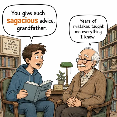 sagacious (bilge, ferasetli, zeki) karikatürü — diyalogla bağlam içinde öğren
