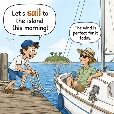 sail (denize açılmak, (gemiyle) seyahat etmek) karikatürü — diyalogla bağlam içinde öğren