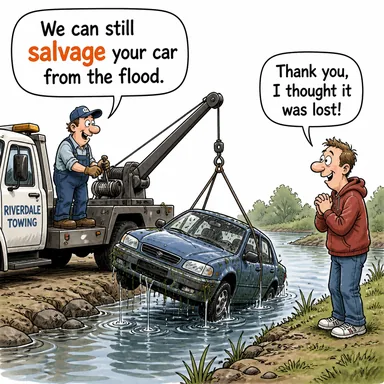 salvage (kurtarmak (hurda/enkaz vb.), ziyan olmaktan kurtarmak) karikatürü — diyalogla bağlam içinde öğren