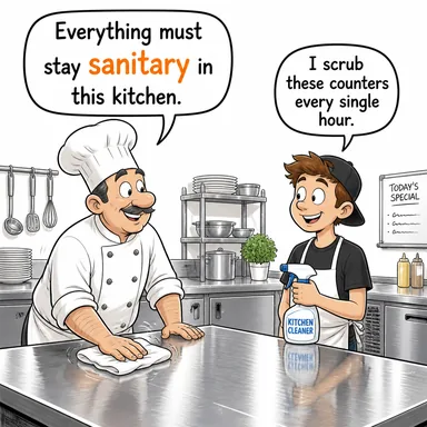 sanitary (hijyenik, sağlıkla ilgili) karikatürü — diyalogla bağlam içinde öğren
