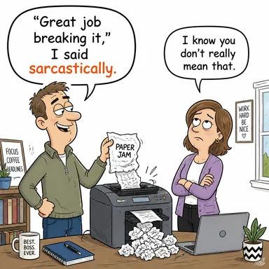 sarcastically (alaycı bir şekilde, iğneleyici bir dille) karikatürü — diyalogla bağlam içinde öğren