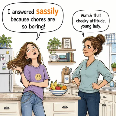 sassily (küstahça, şımarıkça, laf ebesi gibi) karikatürü — diyalogla bağlam içinde öğren