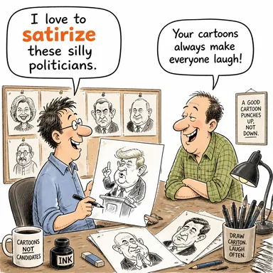 satirize (hicvetmek, taşlamak, yermek) karikatürü — diyalogla bağlam içinde öğren