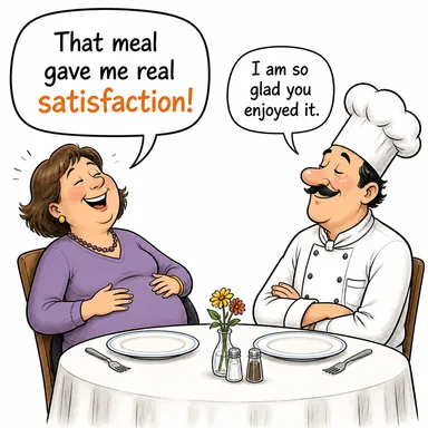 satisfaction (tatmin, memnuniyet, hoşnutluk) karikatürü — diyalogla bağlam içinde öğren