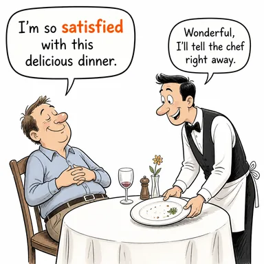 satisfied (memnun, tatmin olmuş, hoşnut) karikatürü — diyalogla bağlam içinde öğren
