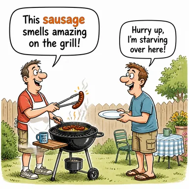 sausage (sosis, sucuk benzeri et ürünü) karikatürü — diyalogla bağlam içinde öğren