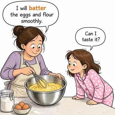 batter (hırpalamak, sertçe vurmak, (hamur) çırpmak) karikatürü — diyalogla bağlam içinde öğren