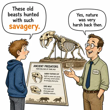 savagery (vahşet, barbarlık, acımasızlık) karikatürü — diyalogla bağlam içinde öğren