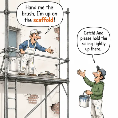scaffold (yapı iskelesi, darağacı) karikatürü — diyalogla bağlam içinde öğren
