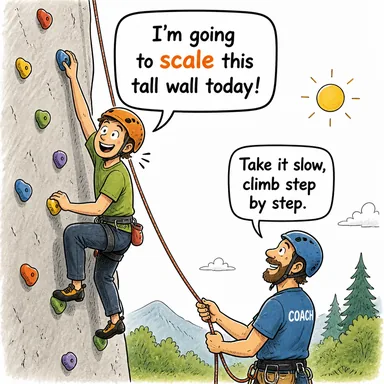scale (tırmanmak, ölçeklemek, tartmak) karikatürü — diyalogla bağlam içinde öğren