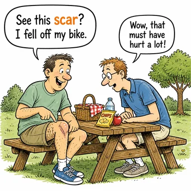 scar (yara izi, travma) karikatürü — diyalogla bağlam içinde öğren