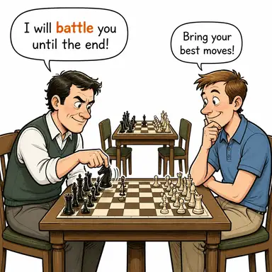 battle (savaşmak, mücadele etmek) karikatürü — diyalogla bağlam içinde öğren