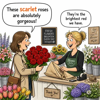 scarlet (kızıl, parlak kırmızı) karikatürü — diyalogla bağlam içinde öğren