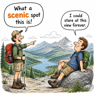 scenic (manzaralı, güzel manzarası olan) karikatürü — diyalogla bağlam içinde öğren