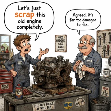 scrap (hurdaya çıkarmak, vazgeçmek, çöpe atmak) karikatürü — diyalogla bağlam içinde öğren