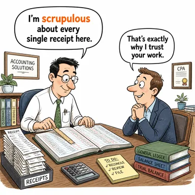 scrupulous (titiz, vicdanlı, kılı kırk yaran) karikatürü — diyalogla bağlam içinde öğren