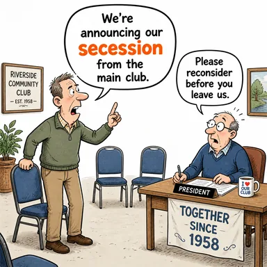 secession (ayrılma (birlikten/devletten), kopma) karikatürü — diyalogla bağlam içinde öğren