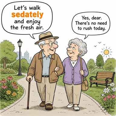 sedately (ağırbaşlılıkla, sakince, durulmuş bir şekilde) karikatürü — diyalogla bağlam içinde öğren