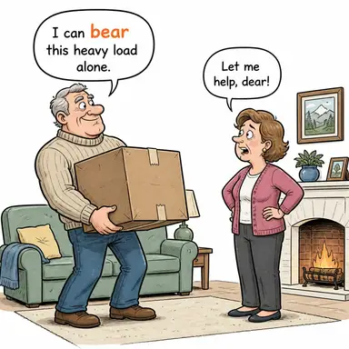 bear (taşımak, katlanmak, ürün vermek) karikatürü — diyalogla bağlam içinde öğren