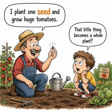 seed (tohum, çekirdek, köken) karikatürü — diyalogla bağlam içinde öğren