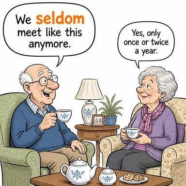 seldom (nadiren, seyrek) karikatürü — diyalogla bağlam içinde öğren