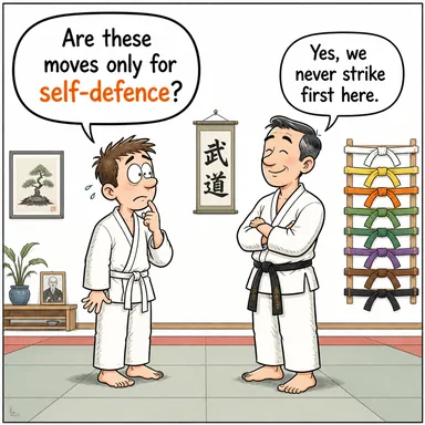 self-defence (meşru müdafaa, kendini savunma) karikatürü — diyalogla bağlam içinde öğren