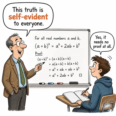 self-evident (apaçık, aşikâr, kanıt gerektirmeyen) karikatürü — diyalogla bağlam içinde öğren