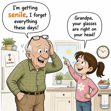 senile (bunak, yaşlılığa bağlı zihinsel gerileme gösteren) karikatürü — diyalogla bağlam içinde öğren