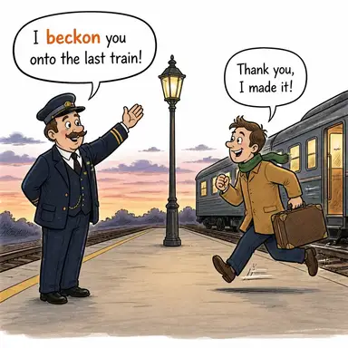 beckon (el işaretiyle çağırmak, gel gel yapmak) karikatürü — diyalogla bağlam içinde öğren