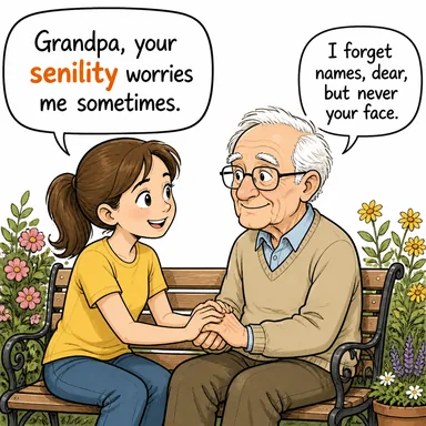 senility (bunama, yaşlılık acizliği) karikatürü — diyalogla bağlam içinde öğren