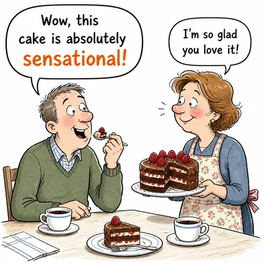 sensational (heyecan verici, harika, sansasyonel (dikkat çekici)) karikatürü — diyalogla bağlam içinde öğren