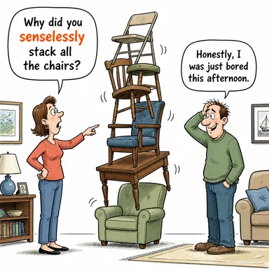 senselessly (anlamsızca, mantıksızca, boşu boşuna) karikatürü — diyalogla bağlam içinde öğren