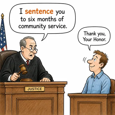 sentence (hüküm giydirmek, mahkum etmek, cezaya çarptırmak) karikatürü — diyalogla bağlam içinde öğren