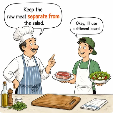 separate from (ayırmak, ayrılmak; -den ayrı/bağımsız) karikatürü — diyalogla bağlam içinde öğren