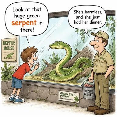 serpent (yılan (özellikle mitolojik/büyük), sinsi kimse) karikatürü — diyalogla bağlam içinde öğren