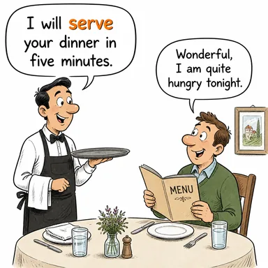 serve (hizmet etmek, görev yapmak, işe yaramak) karikatürü — diyalogla bağlam içinde öğren