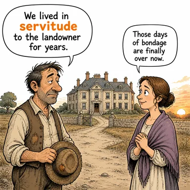 servitude (kölelik, esaret, boyunduruk) karikatürü — diyalogla bağlam içinde öğren