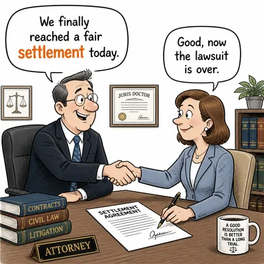 settlement (yerleşim yeri, anlaşma, uzlaşma, ödeme) karikatürü — diyalogla bağlam içinde öğren