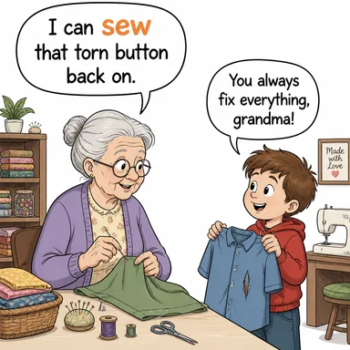 sew (dikiş dikmek) karikatürü — diyalogla bağlam içinde öğren