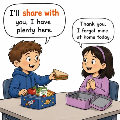 share with (paylaşmak, bölüşmek) karikatürü — diyalogla bağlam içinde öğren