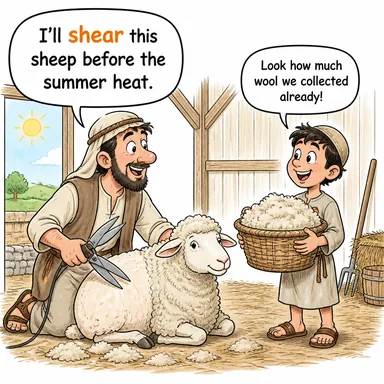 shear ((yün) kırkmak, kesmek; (fizik) makaslama) karikatürü — diyalogla bağlam içinde öğren