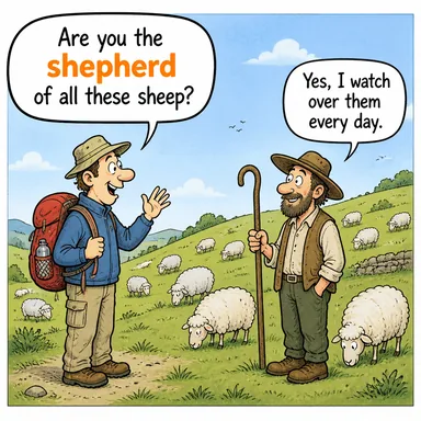 shepherd (çoban; yol göstermek, gütmek) karikatürü — diyalogla bağlam içinde öğren