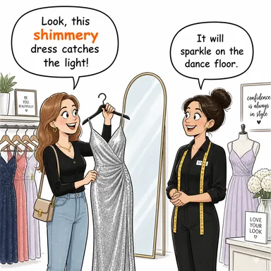 shimmery (parıldayan, titrek ışıklı) karikatürü — diyalogla bağlam içinde öğren