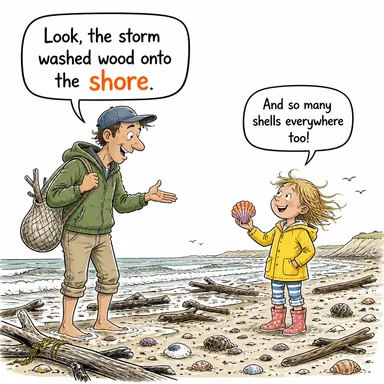 shore (kıyı, sahil) karikatürü — diyalogla bağlam içinde öğren