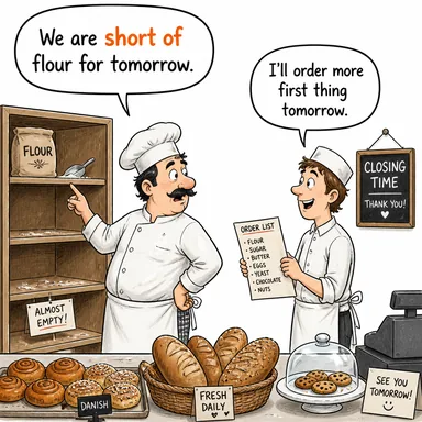 short of (...den yoksun, eksiği olan, haricinde) karikatürü — diyalogla bağlam içinde öğren