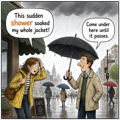 shower (sağanak yağış, duş; (bolluk) yağdırmak) karikatürü — diyalogla bağlam içinde öğren