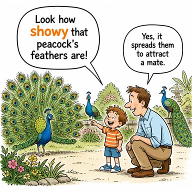 showy (gösterişli, dikkat çekici, şatafatlı) karikatürü — diyalogla bağlam içinde öğren