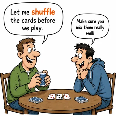 shuffle ((kağıt) karıştırmak, ayak sürümek) karikatürü — diyalogla bağlam içinde öğren